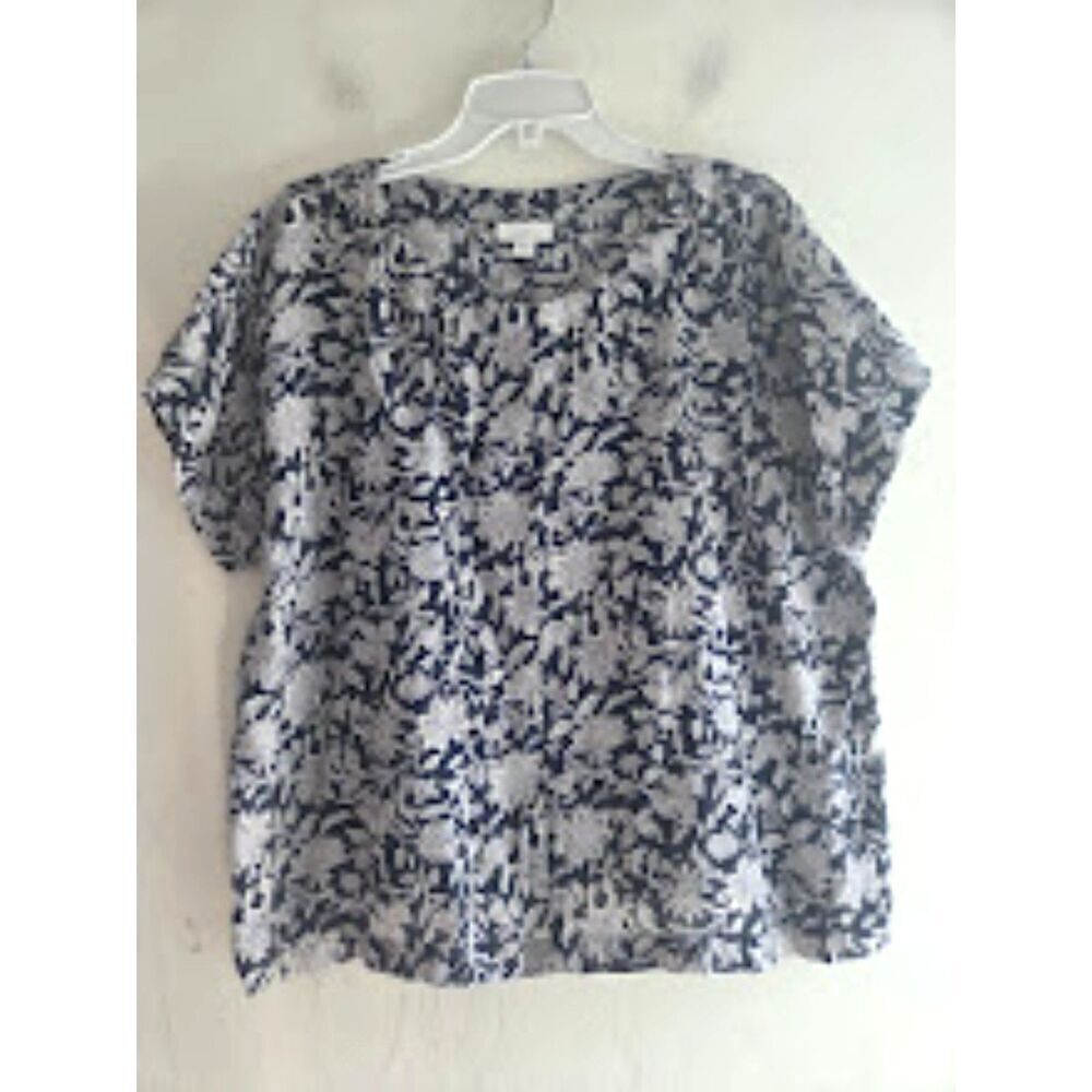 J.Jill Pure Linen Dark Blue w/White Floral100% Line Boxy Blouse sz Medium Petite